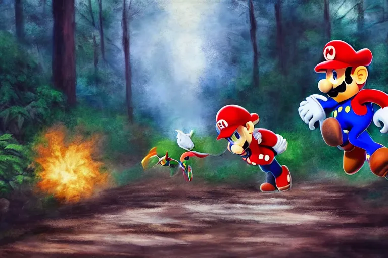 Prompt: Mario chasing Sonic the Hedgehog through the woods with a chaisaw and a hockey mask in the style of Friday the 13th, oil painting, very realistic, forest setting, evil, gritty, featured on artstation