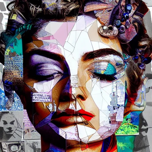 Prompt: Roman Goddess, contemporary collage, highly detailed, digital painting, 4k, HDR, punk, fashion, smooth, sharp focus, art by Sandra Chevrier and John Hoyland