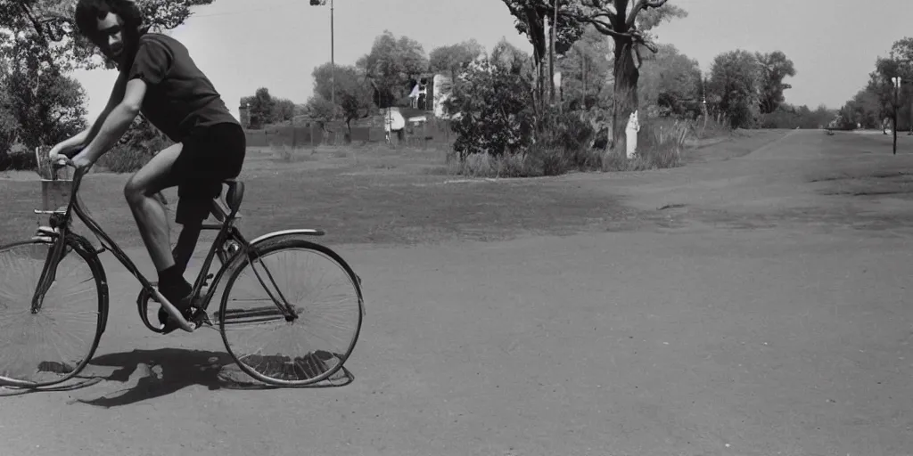 Image similar to a young man riding a bicycle under a clear blue sky, 7 0 s photograph, 4 k