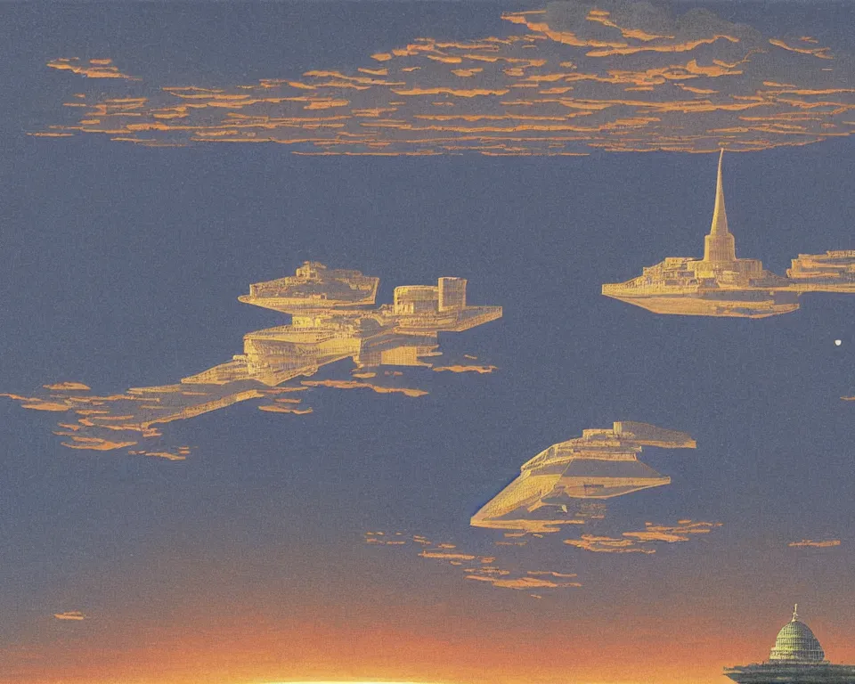 Image similar to dream! a star destroyer above the U.S. Capitol, trending on art station, by Hasui Kawase, Raphael, and Bernini.