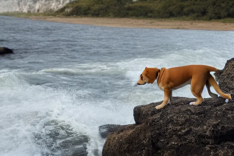 Prompt: a puppy is looking directly at the wavy water current below it while it stands at an edge of a cliff