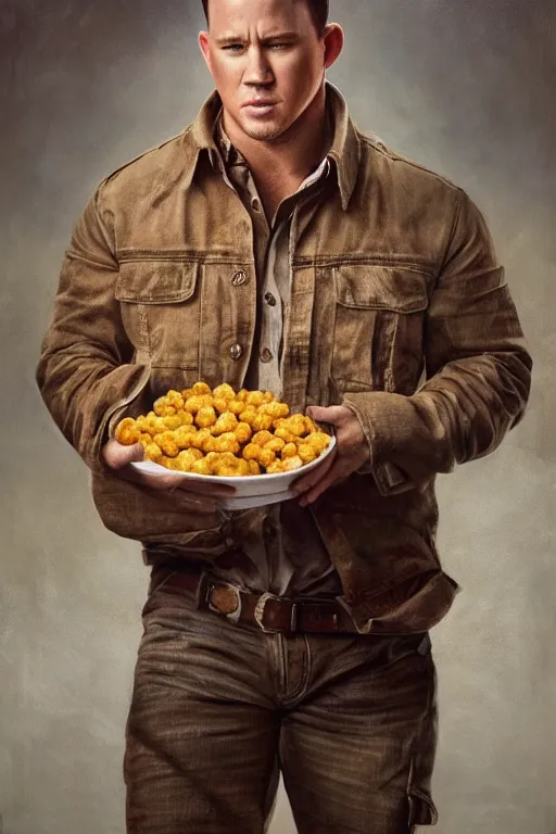 Image similar to channing tatum in a tater tot costume, oil on canvas, intricate, portrait, 8 k highly professionally detailed, hdr, cgsociety