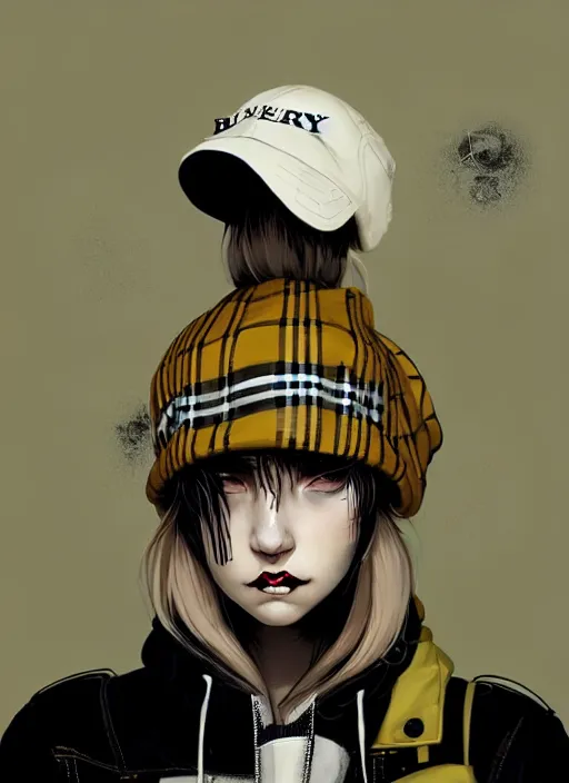 Image similar to highly detailed portrait of a sewer punk lady student, white eyes, burberry hoody, hat, white hair by atey ghailan, by greg rutkowski, by greg, tocchini, by james gilleard, by joe fenton, by kaethe butcher, gradient yellow, black, brown and cyan color scheme, grunge aesthetic!!! ( ( graffiti tag wall background ) )