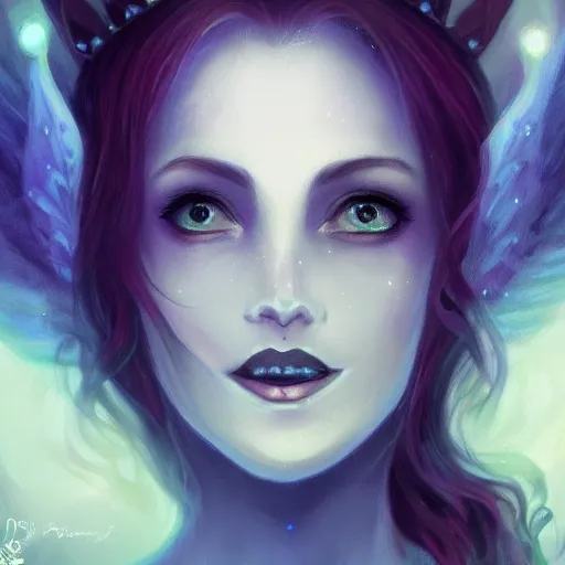 Image similar to detailed portrait of a dark fairy queen, crown, nebula wings, smiling, realism, pale blue, emerald, galaxy, sapphire,dark purple crown,leaves, moonlit, dark fantasy, dramatic lighting, cgsociety, artstation