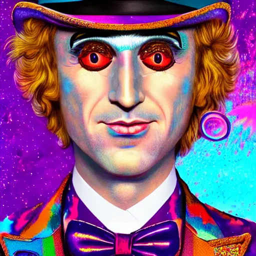 Image similar to an extremely psychedelic portrait of willy wonka as lady gaga, surreal, lsd, face, detailed, intricate, elegant, lithe, highly detailed, digital painting, artstation, concept art, smooth, sharp focus, illustration,
