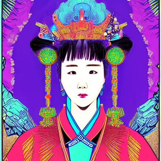 Image similar to portrait of a korean queen in ancient times, acid trip art style, obnoxious art style, cyberpunk aesthetic