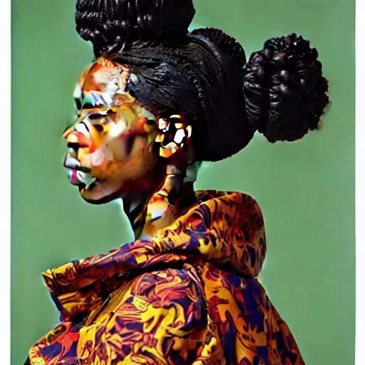 Image similar to A portrait of a skinny stylish and attractive non-binary person, oil painting by Kehinde Wiley, majestic, detailed, high resolution