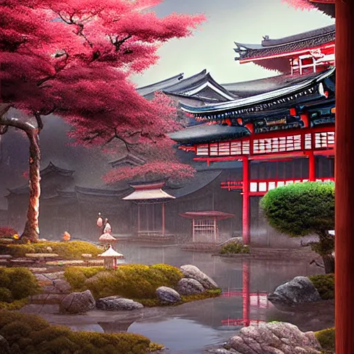 Image similar to old japanese town with garden viewed from harbor, d & d digital painting, ultra realistic, beautiful, volumetric lighting, warm colors advance, cell shading, by james jean, greg rutkowski,