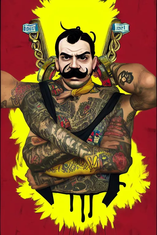 Image similar to gang saints wear yellow bandanas, and some of them have thick mustaches, their eyes are sharp, pop art style, dynamic comparison, proportional, professional art, bioshock style, gta chinatowon style, hyper realistic, face and body clarity, complicated, art by argerm dan richard hamilton