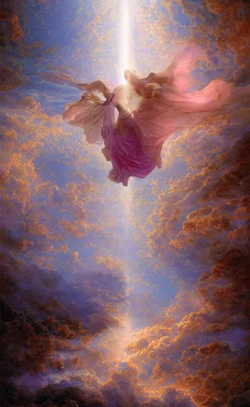 Prompt: peaceful uncertainty of saying goodbye, crossing over the spiritual veil to heaven, sharp focus, intricate, elegant, digital painting, artstation, matte, highly detailed, concept art, illustration, volumetric lighting, gold and blue and pink color scheme, bokeh light, art by greg olsen, arnold friberg, and liz lemon swindle