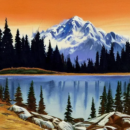 Prompt: Bob Ross painting the mount Shuksan, realistic