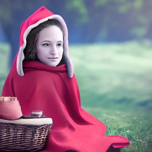 Image similar to a beautiful little girl in red hat cloak with a picnic basket rendered as an unreal engine