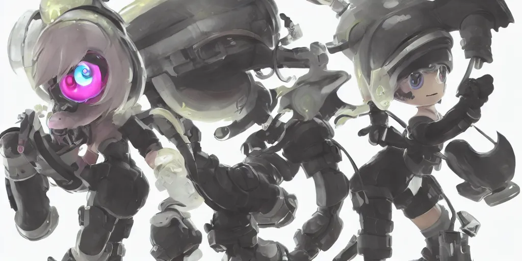 Image similar to splatoon nintendo one character digital painting no blur, concept art, character sheet nier automata 2 d, yoji shinkawa, yoshitaka amano, tsutomu niehi, cyberpunk, trending on artstation, featured on pixiv, hyper detail, cinematic composition, 8 k