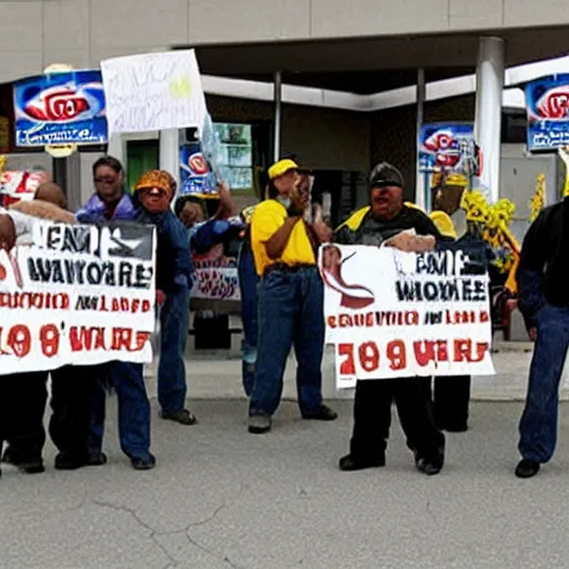 Image similar to orcs standing outside of a Walmart, protesting the working conditions, in 2005