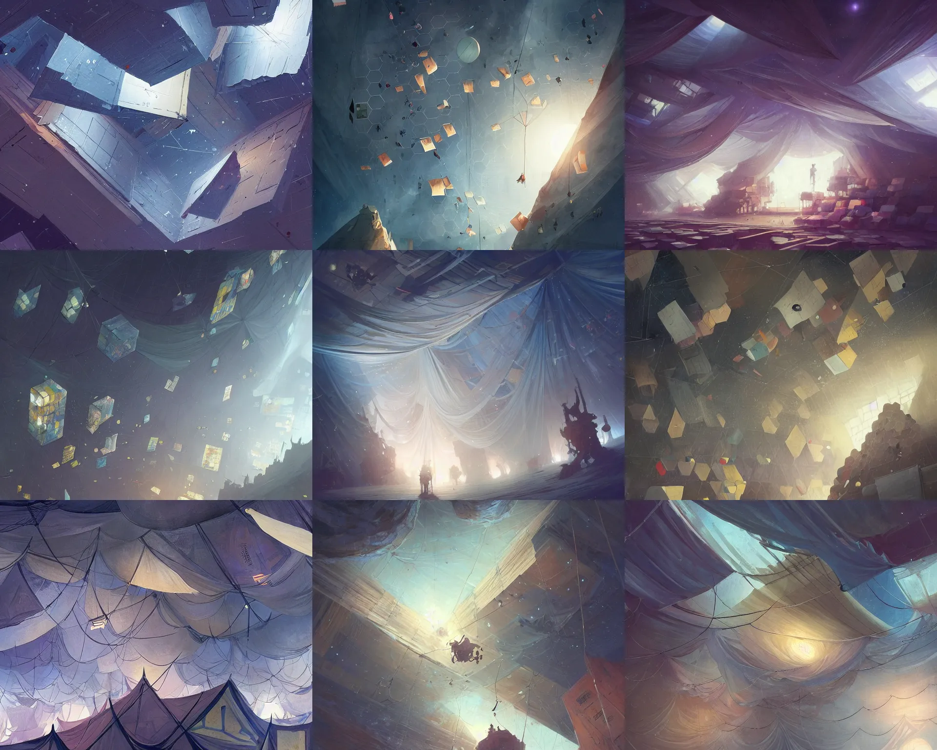 Prompt: tarps hanging from the ceiling making art and hexagons in space being caught with large walls coming from the ground, magnificent, close up, details, sharp focus, elegant, highly detailed, illustration, by Jordan Grimmer and greg rutkowski and PiNe(パイネ) and 薯子Imoko and 香川悠作 and wlop and maya takamura, intricate, beautiful, Trending artstation, pixiv, digital Art