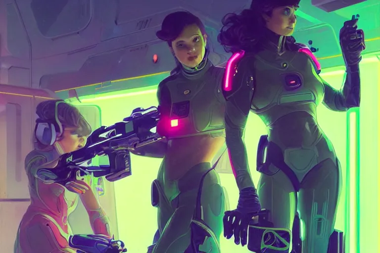 Image similar to Exhausted good looking young women wearing neon coloured armour suit in a space station pointing gun at viewer, elegant, intricate, retrofuturistic digital painting, artstation, concept art, smooth, sharp focus, illustration, art by artgerm and greg rutkowski and alphonse mucha