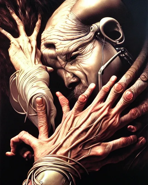 Prompt: human hand fantasy characture portrait, ultra realistic, cinematic, cinematic, wide angle, intricate details, cyborg, highly detailed by caravaggio, aaron horkey, boris vallejo, wayne barlowe, craig mullins, roberto ferri, francis bacon