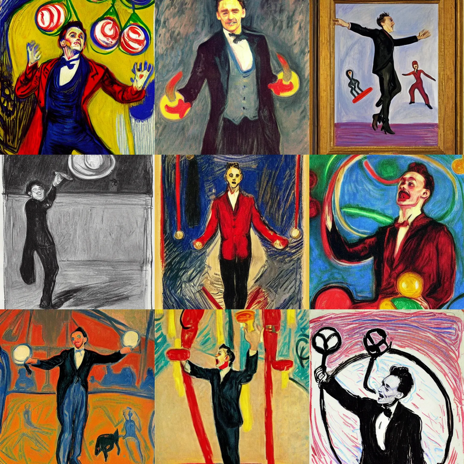 Prompt: Tom Hiddleston as a juggler in a circus by edvard munch