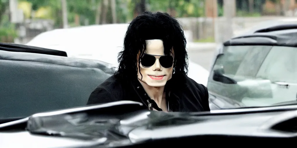 Prompt: michael jackson 2 0 0 9 wearing shades, alone, this is it style, photo real, pores, motion blur, sitting in black car with window open, by himself, real life, spotted, ultra realistic face, accurate, 4 k, movie still, uhd, sharp, detailed, cinematic, render, modern