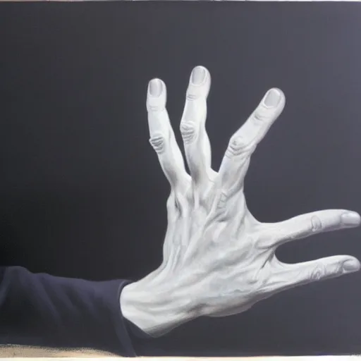 Image similar to white giant hand in a black void, painting by by ralph grady james, jean christian biville