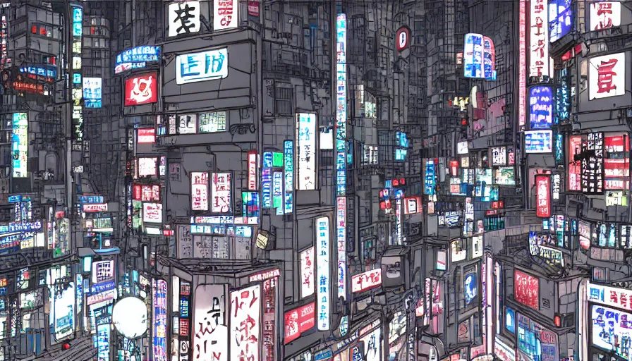 Image similar to Wide Angle ingame Screen Shot of neo-Tokyo Bank, in the Style of Akira, Anime, Dystopian, Cyberpunk