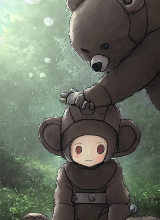 Image similar to beautiful little boy wearing an cyborg bear suit, artwork in kentaro miura and made in abyss and rosdraws, smooth, beautiful lightness, anatomically correct, trending on pixiv, forest