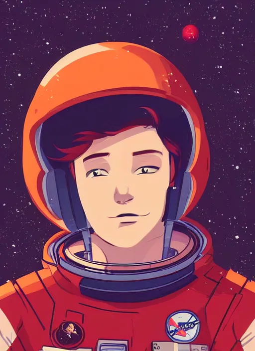 Image similar to a handsome man with red hair floating in space. he is an astronaut, wearing a space suit. clean cel shaded vector art. shutterstock. behance hd by lois van baarle, artgerm, helen huang, by makoto shinkai and ilya kuvshinov, rossdraws, illustration, art by ilya kuvshinov