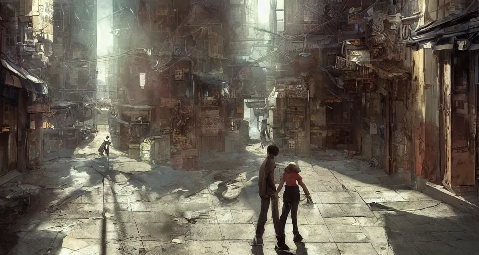 Image similar to craig mullins and ghibli digital art of american city, street, 1 9 2 0, sunset alley, the half - human, half - cat monster watches you, its body hidden in the shadow unreal engine, hyper realism, realistic shading, cinematic composition, realistic render, octane render, detailed textures, photorealistic, wide shot