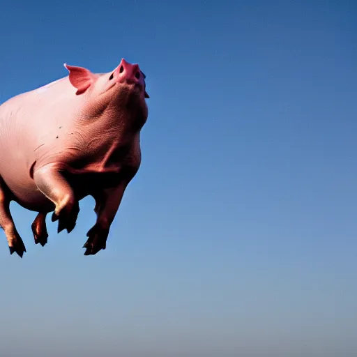 Image similar to national geographic photograph of a flying pig with big pink wings, soaring through the sky, flying above other pigs. daylight, outdoors, wide angle shot