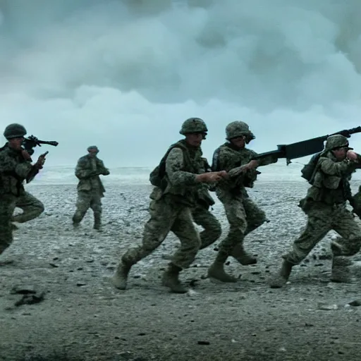 Image similar to american soldiers running at the camera with rifles during normandy beach landing with fiery explosions and debris and dead bodies and limbs all around them in the style of the movie lone survivor and saving private ryan, gritty, 4 k, cinematic lighting,