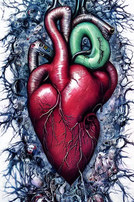 Image similar to Human Heart, hyper-realistic oil painting, Body horror, biopunk, by Alex Pardee