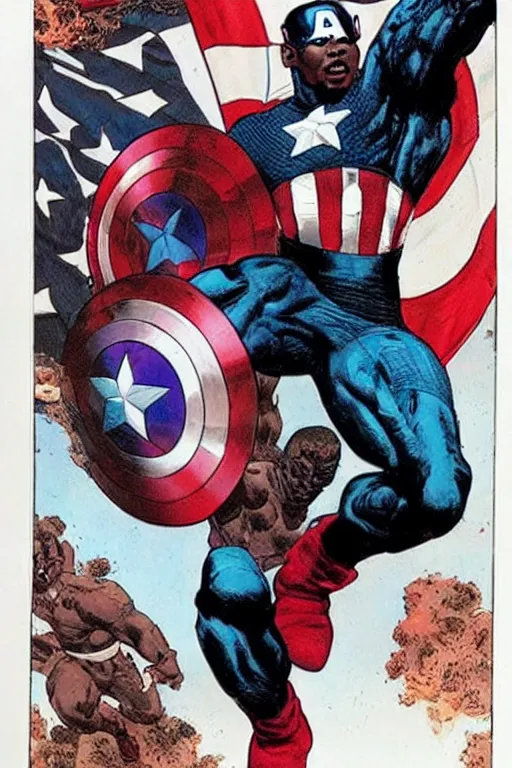 Image similar to black captain America. concept art by James Gurney and Mœbius.