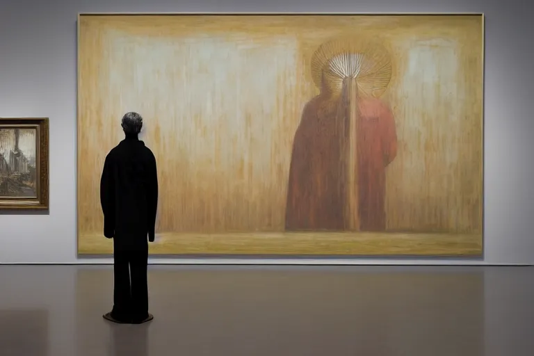 Prompt: back view of a man wearing ancient robe standing in front of the painting in the modern art gallery, retrofuturism, symmetry, goldenratio, highly detailed, high sharpness, by david lynch and beksinski and rutkowski