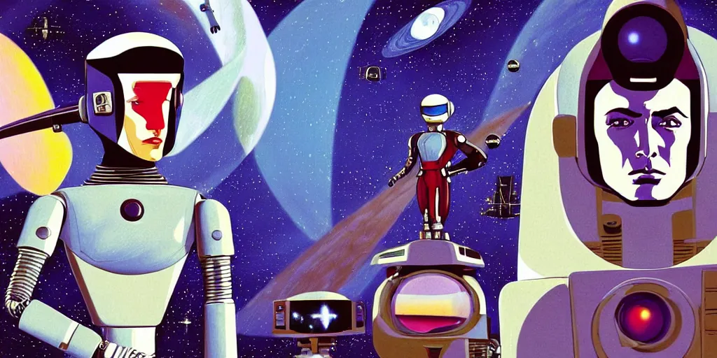 Image similar to traditional drawn colorful animation a symmetrical portrait of lonely single Alain Delon Stallone Clint Eastwood alone pilot in posing in spaceship station planet captain bridge outer worlds robots extraterrestrial hyper contrast well drawn Metal Hurlant Pilote and Pif in Jean Henri Gaston Giraud animation film The Masters of Time FANTASTIC PLANET La planète sauvage animation by René Laloux