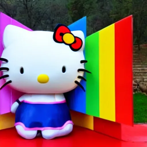 Image similar to Hello kitty standing on a rainbow,