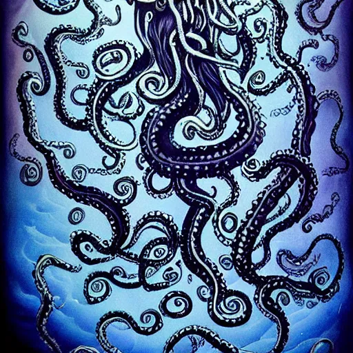 Image similar to beautiful Cthlulu marries the Kraken, eldritch, lovecraftian, tentacles, deep sea horror, in the style of first look wedding photography, airbrush, kawaii, oil painting, Victorian lace,