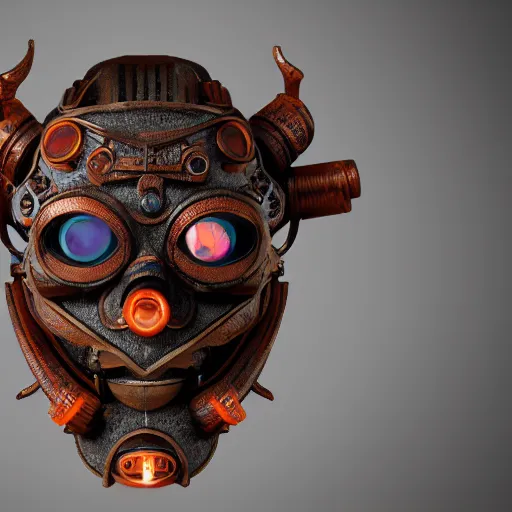 Image similar to a steampunk tribal mask, japanese pottery, vivid colors, wood, metal, intricate details, trending on cgsociety, concept art, glowing eyes, sharp focus, ultra realistic details, cinematic atmosphere, global illumination, shadows, octane render, 8 k