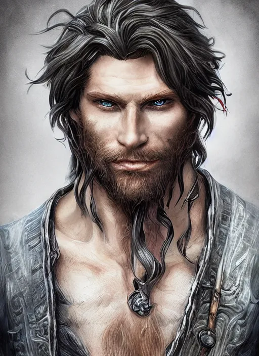 Prompt: portrait of a young ruggedly handsome but joyful pirate, male, masculine, full body, red hair, long hair, d & d, fantasy, intricate, elegant, highly detailed, digital painting, artstation, concept art, matte, sharp focus, illustration, art by artgerm