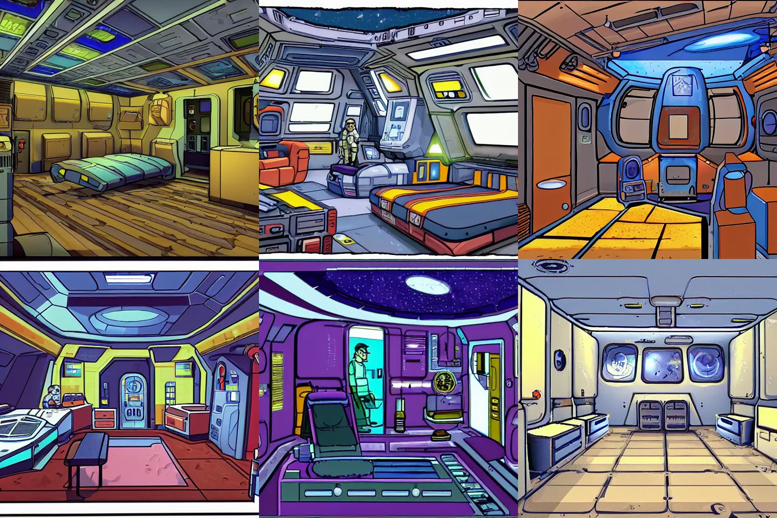 Prompt: inside an officer's living quarters on a spaceship, from a space themed point and click 2D graphic adventure game, made in 1999, high quality graphics