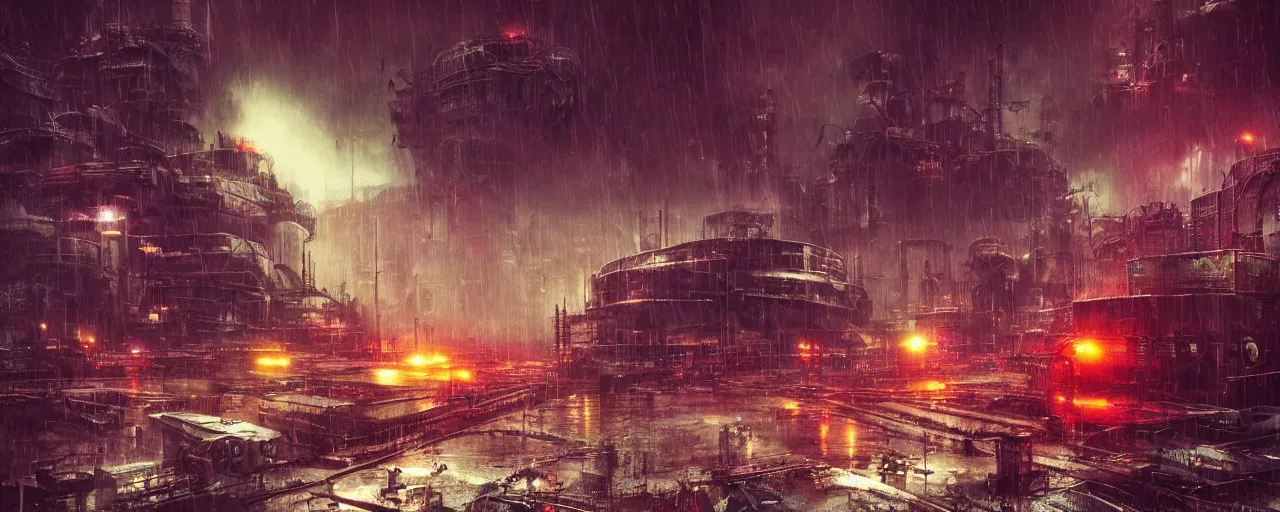 Image similar to ” industrial alien landscape, [ rain, city, cinematic, detailed, epic, widescreen, opening, establishing, mattepainting, photorealistic, realistic textures, octane render, art by slop and paul lehr ] ”