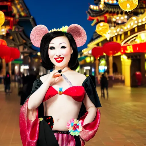 Image similar to beautiful bald chinese woman with pinup makeup wearing disneyland mouse ears standing in front of the disneyland castle at night, oil painting, highly detailed, theatrical lighting, sharp focus