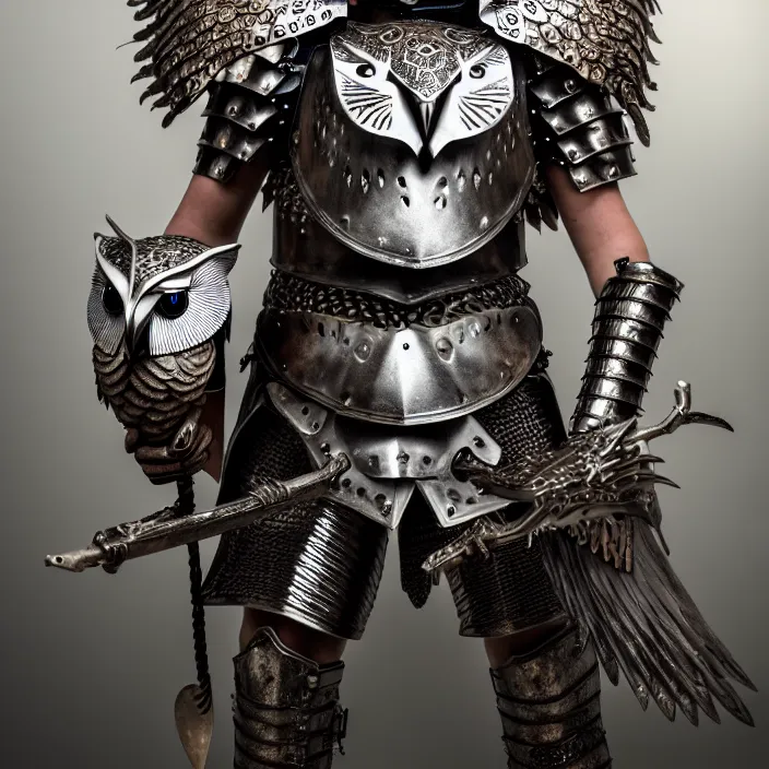 Image similar to full length photo of a warrior with metal owl themed armour, highly detailed, 4 k, hdr, smooth, sharp focus, high resolution, award - winning photo