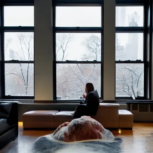 Prompt: modern loft overlooking central park in winter, snowing, fireplace roaring, woman sitting in modern leather chair looking out the window, warm lighting, blizzard outside, nyc