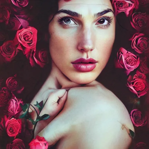 Image similar to full body fine art photo of the beauty gal gadot, she is merging from roses, taken by oleg oprisco