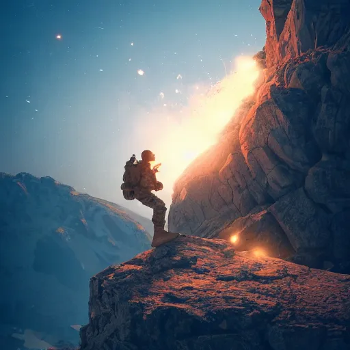 Image similar to A soldier with a gun climbing a mountain looking back while a granade explodes behind him, digital art, ultrasharp, 4k , illustration, artstation, made by Mike Winkelmann