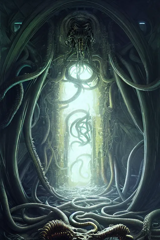 Prompt: cthulhu's portal by anna podedworna, ayami kojima, greg rutkowski, giger, maxim verehin