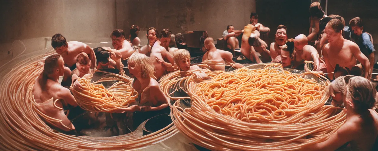 Image similar to a group of people swimming inside a giant bowl of spaghetti, suffocating, canon 5 0 mm, cinematic lighting, photography, retro, film, kodachrome