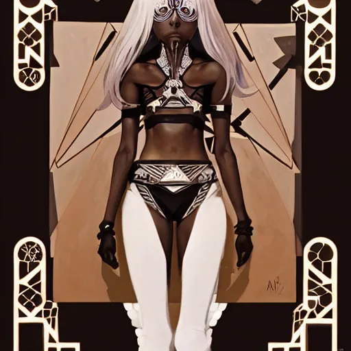 Prompt: Character Portrait of Ramlethal Valentine of Guilty Gears surrounded by geometric nodes, face, fantasy, intricate, elegant, highly detailed, digital painting, artstation, concept art, smooth, sharp focus, illustration, art by Gregory Manchess and Fernanda Suarez and Artem Demura and alphonse mucha