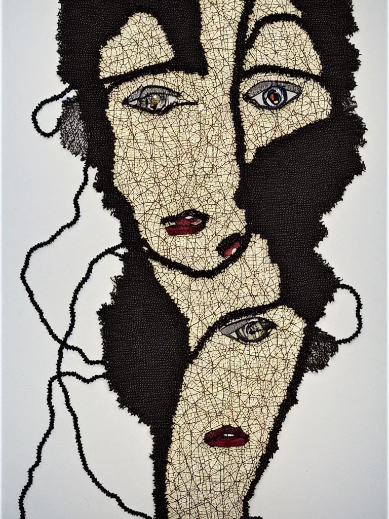 Image similar to elegant wire art portrait of an artist, influenced by egon schiele. minimalist artwork full of human emotional expression and personality, powerful gaze, dramatic.