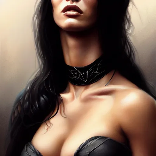 Image similar to portrait of megan fox, muscular upper body, choker, greek, jewelry, black dress, fantasy, intricate, elegant, highly detailed, digital painting, artstation, concept art, matte, sharp focus, illustration, art by aenaluck and roberto ferri and greg rutkowski, epic fantasy, digital painting